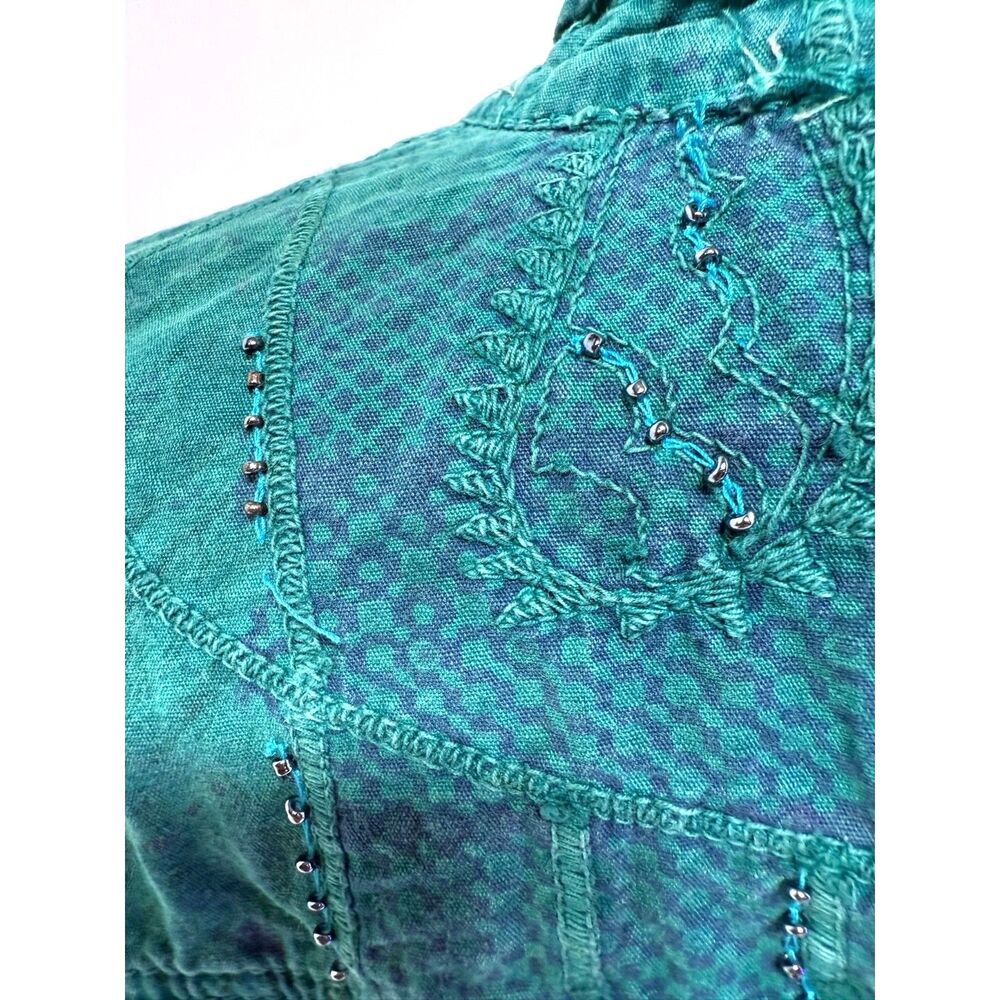 teal canvas embroidered and beaded mandarin mock collar jacket - Picture 7 of 7